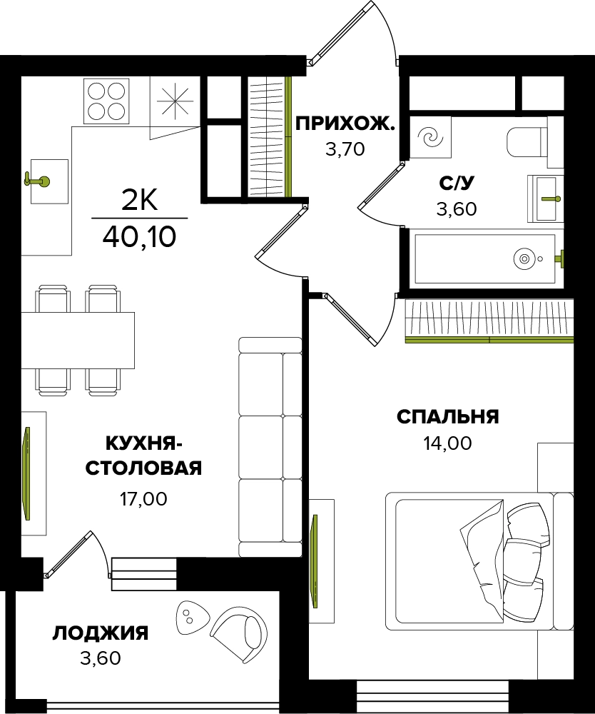 Планировка 1-комнатная квартира № 156